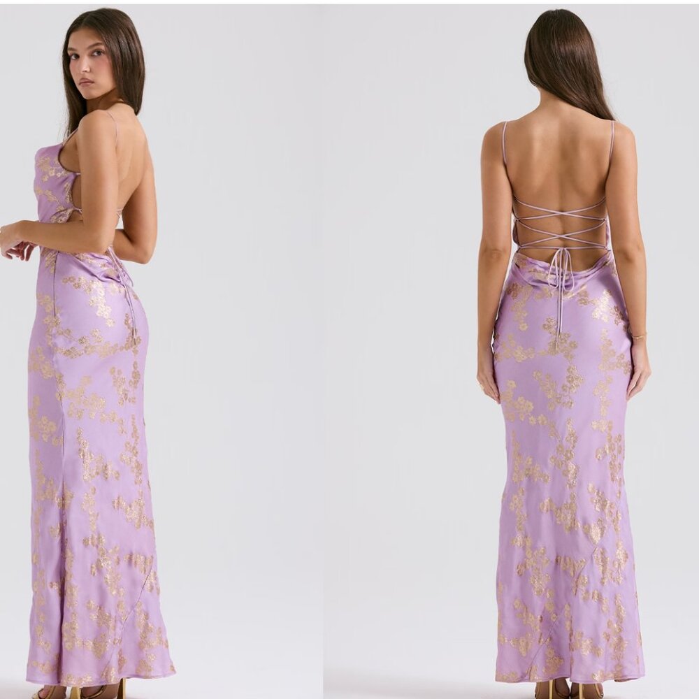 HOUSE OF CB‎ 'Capriana' Orchid Jacquard Satin Gown NWOT metallic gold purple M - Picture 13 of 13